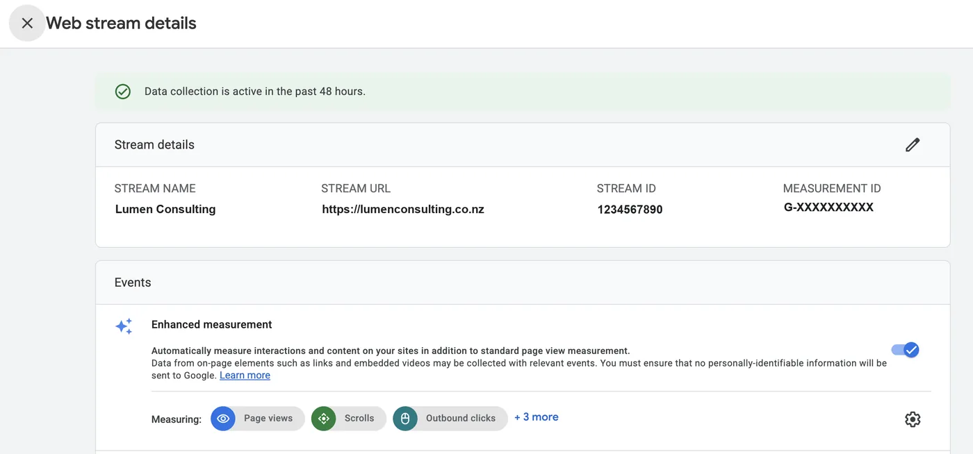 The GA4 web stream details screen showing the stream name, URL, stream ID and measurement ID, with enhanced measurement switched on and measuring page views, scrolls and outbound clicks.