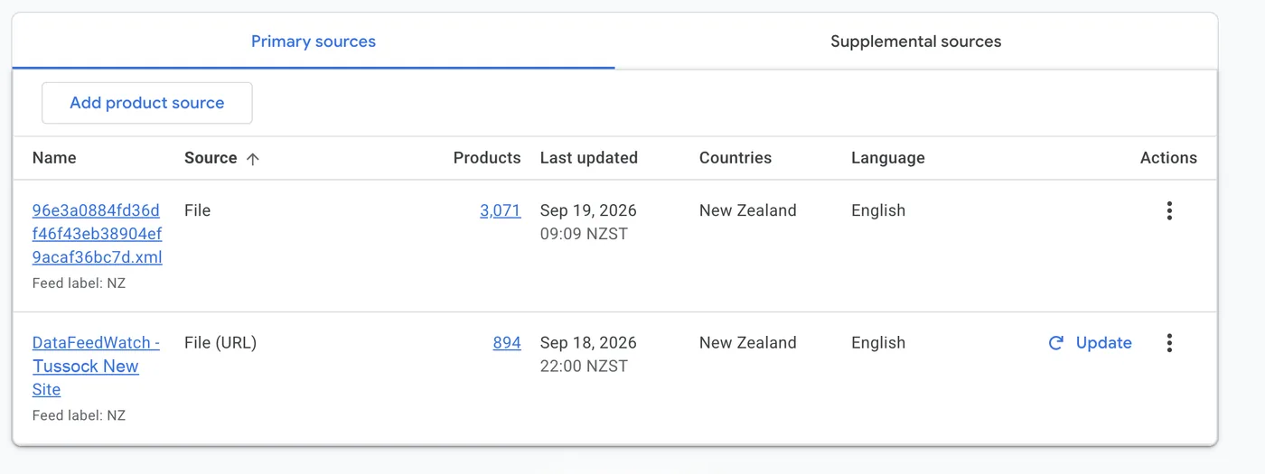 The Merchant Center data sources screen listing two primary product sources, one a scheduled file with 3,071 products and one a file fetched from a URL with 894 products, each showing when it last updated and the country and language it applies to.