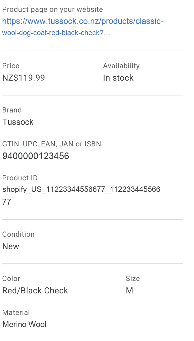 The attribute panel for a single product in Merchant Center, listing the product page URL, price NZ$119.99, availability in stock, brand, barcode, product ID, condition new, colour, size and material.